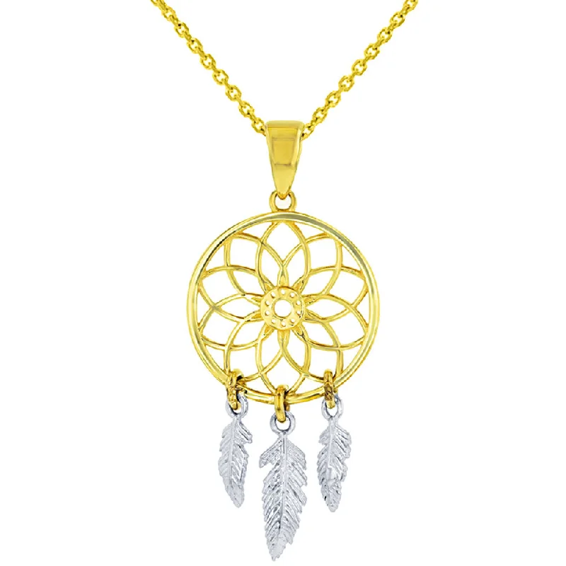 14k Two-Tone Gold Native American Dreamcatcher Charm Pendant Necklace