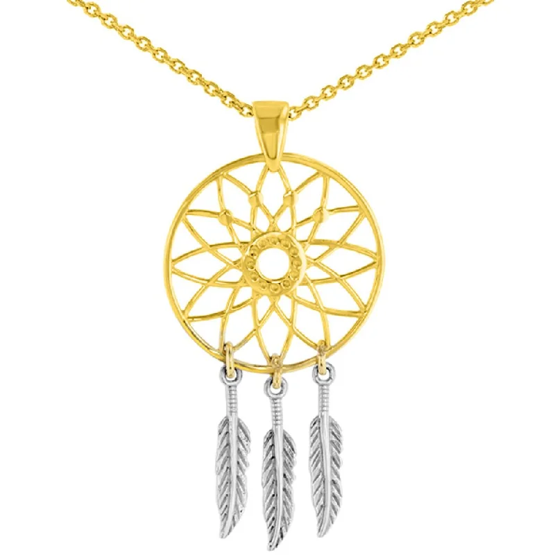 14K Two-Tone Gold Native American Dreamcatcher Charm Pendant Necklace