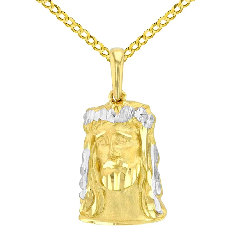 14K Yellow Gold Textured Face of Jesus Christ Pendant with Cuban Chain Necklace