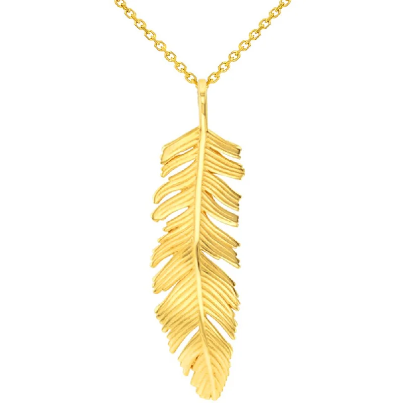 Solid 14k Yellow Gold Polished Feather Charm Pendant Necklace