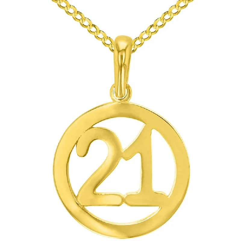 Solid 14K Yellow Gold Round Number Twenty One Charm Pendant with Cuban Chain Necklace