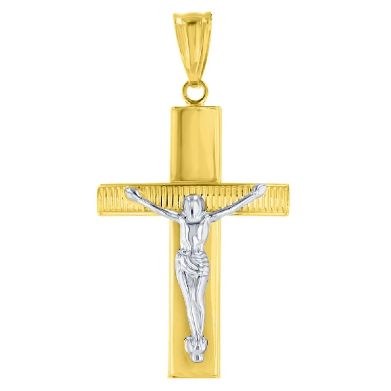 Textured 14K Two-Tone Gold Catholic Cross Crucifix with Jesus Christ Charm Pendant