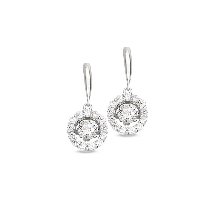 Platinum Finish Sterling Silver Micropave Dancing Stone Round Drop Earrings with Simulated Diamonds