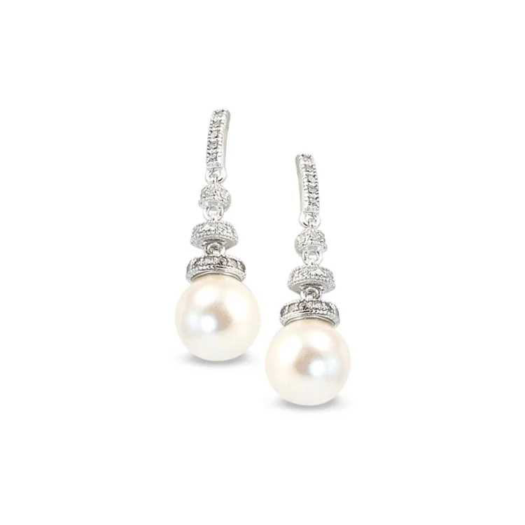 Platinum Finish Sterling Silver Micropave Round Pearl Drop Earrings with Simulated Diamonds