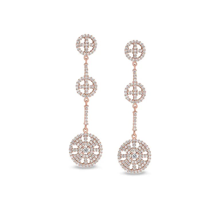 Rose Gold Finish Sterling Silver Micropave Three Circle Drop Earrings with Simulated Diamonds