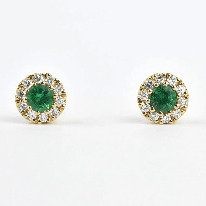 Emerald and Diamond Halo Studs in Yellow Gold