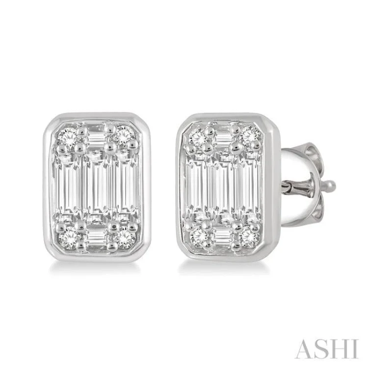 1/3 Ctw Octagonal Shape Baguette and Round Cut Diamond Bezel Stud Earrings in 14K White Gold