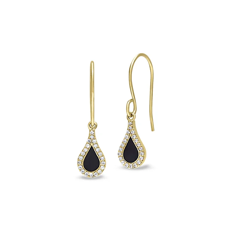 Gold Finish Sterling Silver Micropave Black Enamel Teardrop Earrings with Simulated Diamonds