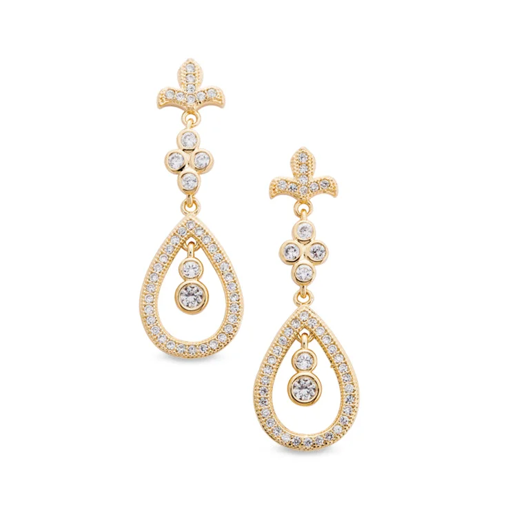 Gold Finish Sterling Silver Micropave Fleur De Lis Teardrop Drop Earrings with 88 Simulated Diamonds