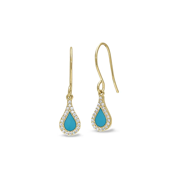 Gold Finish Sterling Silver Micropave Turquoise Enamel Teardrop Earrings with Simulated Diamonds