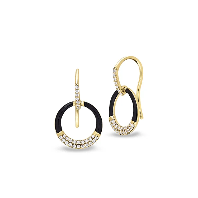 Gold Vermeil Sterling Silver Micropave Black Enamel Open Circle Drop Earrings with Simulated Diamonds