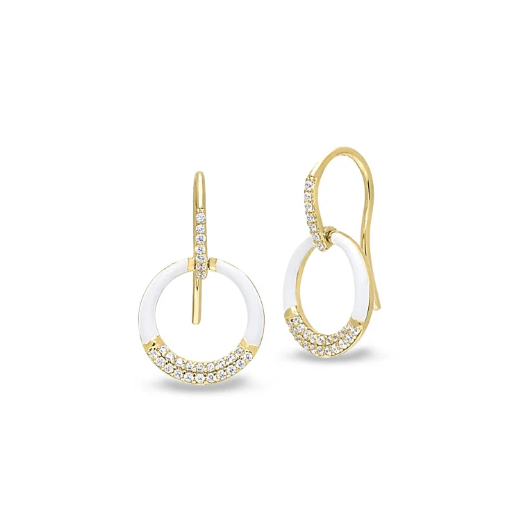 Gold Vermeil Sterling Silver Micropave White Enamel Open Circle Drop Earrings with Simulated Diamonds