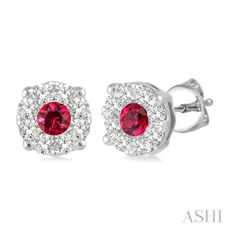 3.3mm Round Cut Ruby and 1/2 Ctw Lovebright Diamond Precious Earrings in 14K White Gold