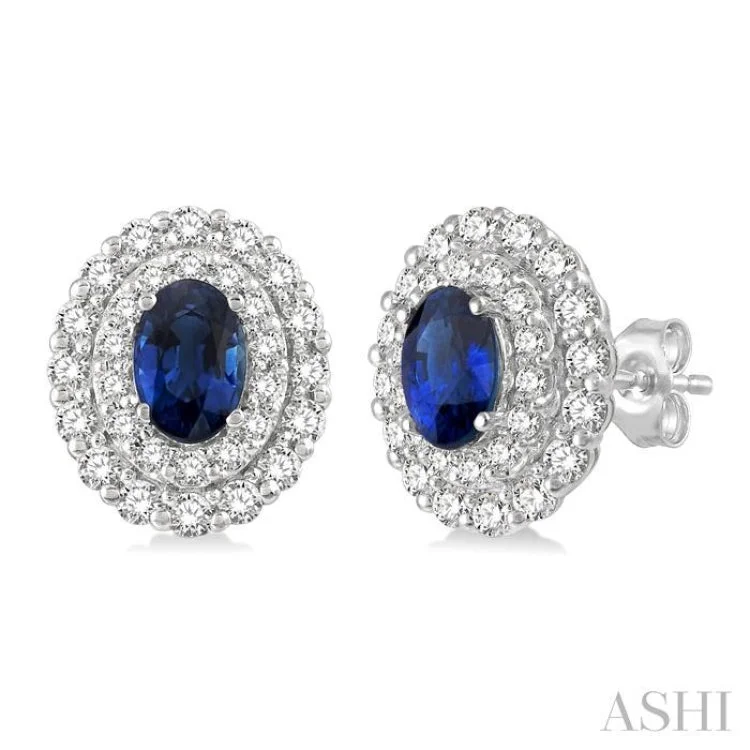 3/4 Ctw Oval Shape 6x4 MM Sapphire and Round Cut Diamond Precious Earrings in 14K White Gold