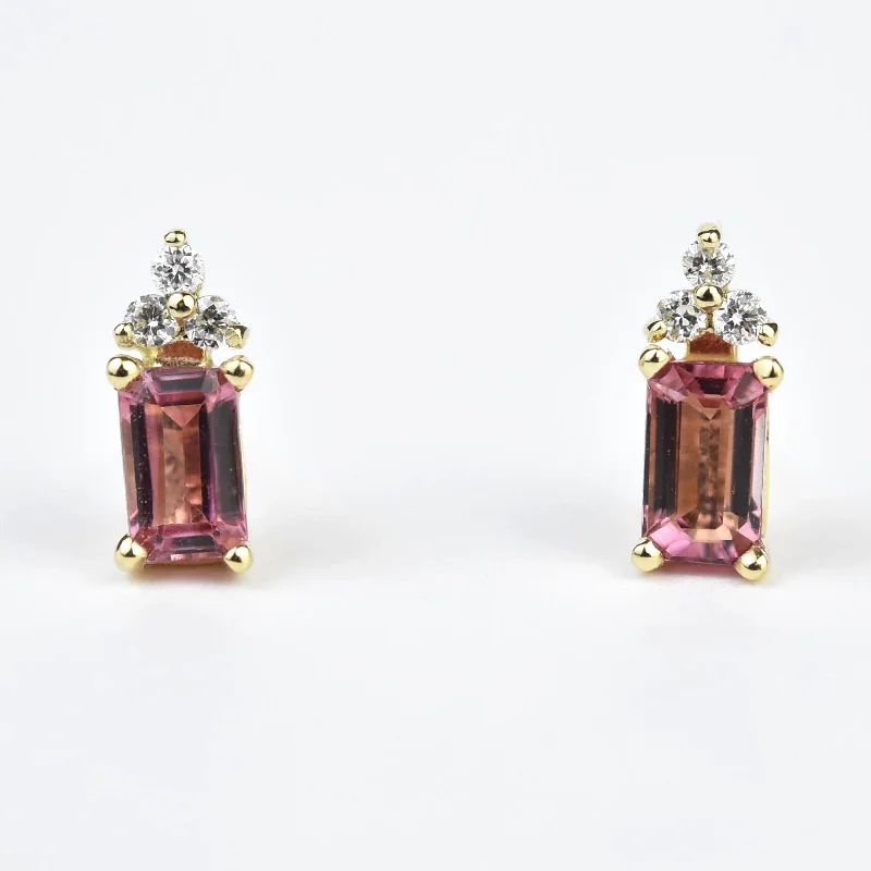 Pink Tourmaline and Diamond Studs in Yellow Gold