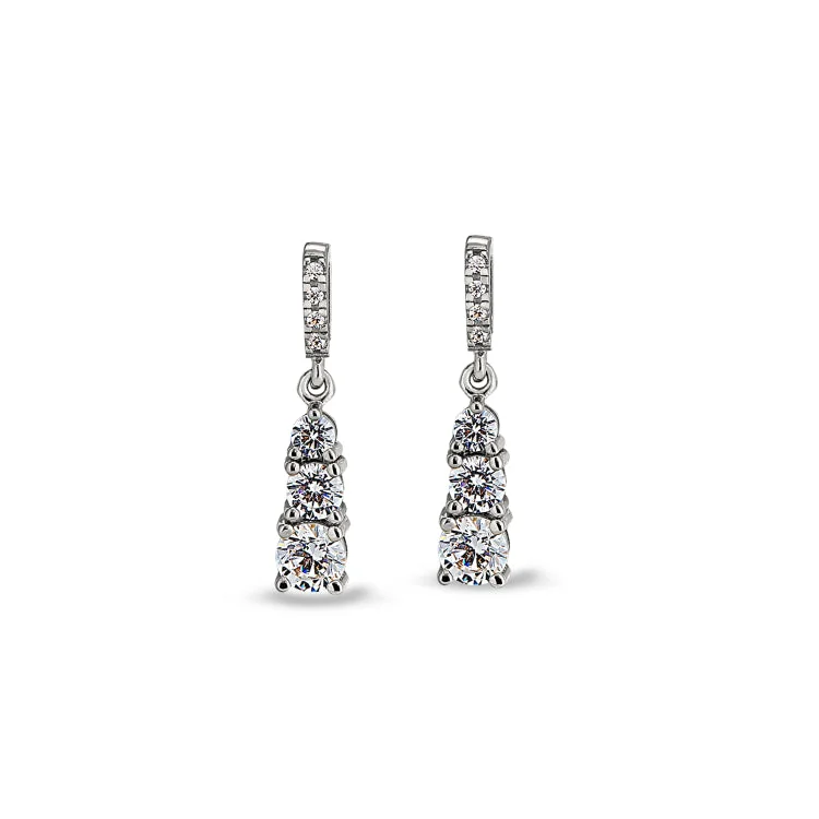 Platinum Finish Sterling Silver Micropave 3 Stone Drop Earrings with Simulated Diamonds