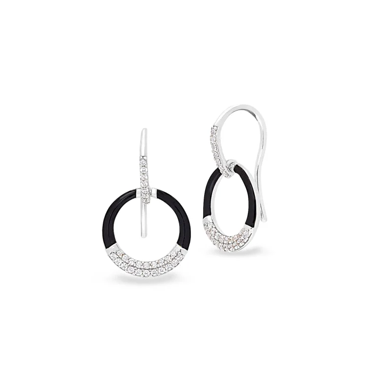 Platinum Finish Sterling Silver Micropave Black Enamel Open Circle Drop Earrings with Simulated Diamonds