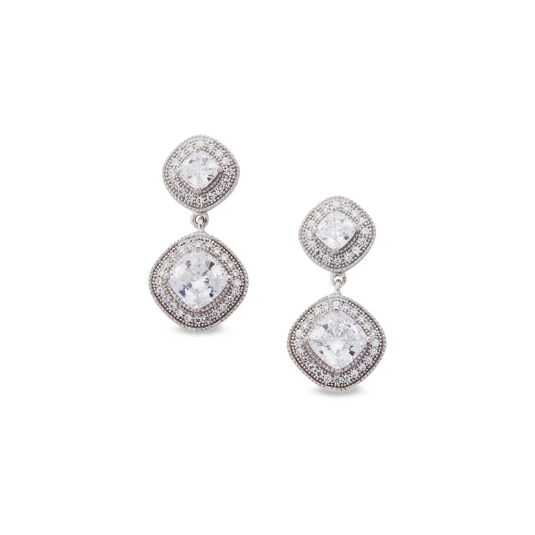 Platinum Finish Sterling Silver Micropave Drop Earrings with Simulated Diamonds