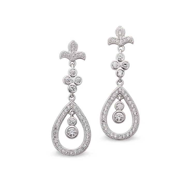 Platinum Finish Sterling Silver Micropave Fleur De Lis Teardrop Drop Earrings with 88 Simulated Diamonds