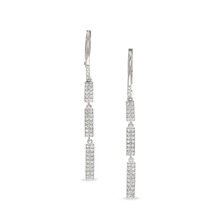 Platinum Finish Sterling Silver Micropave Three Bar Drop Earrings with Simulated Diamonds