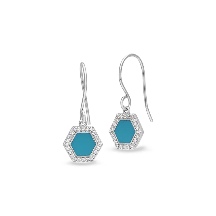 Platinum Finish Sterling Silver Micropave Turquoise Enamel Hexagon Drop Earrings with Simulated Diamonds