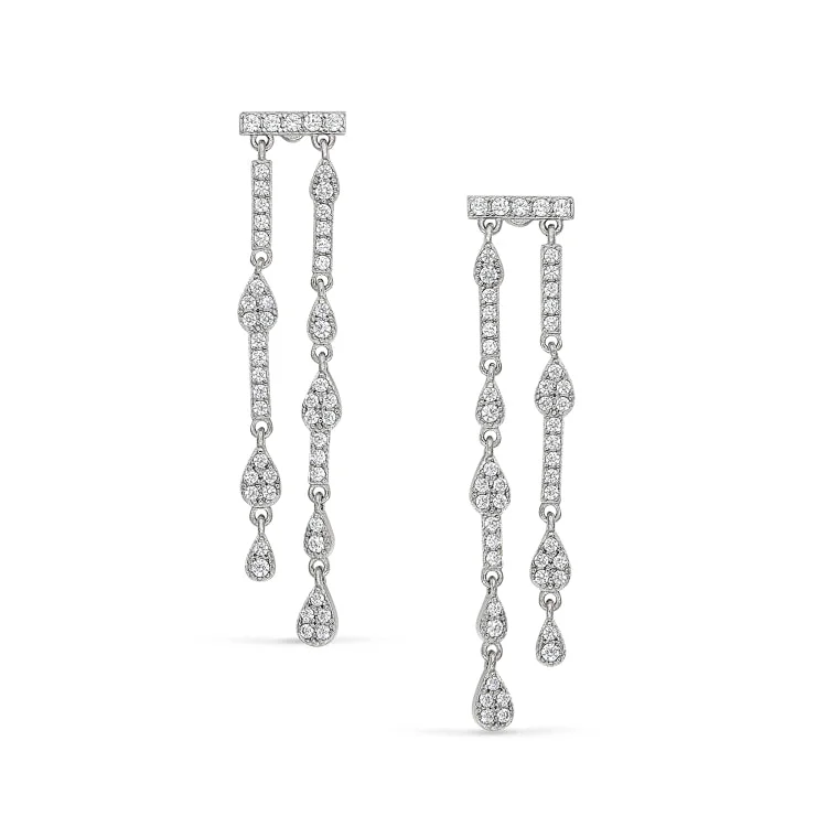 Platinum Finish Sterling Silver Micropave Two Row Drop Earrings with Simulated Diamonds