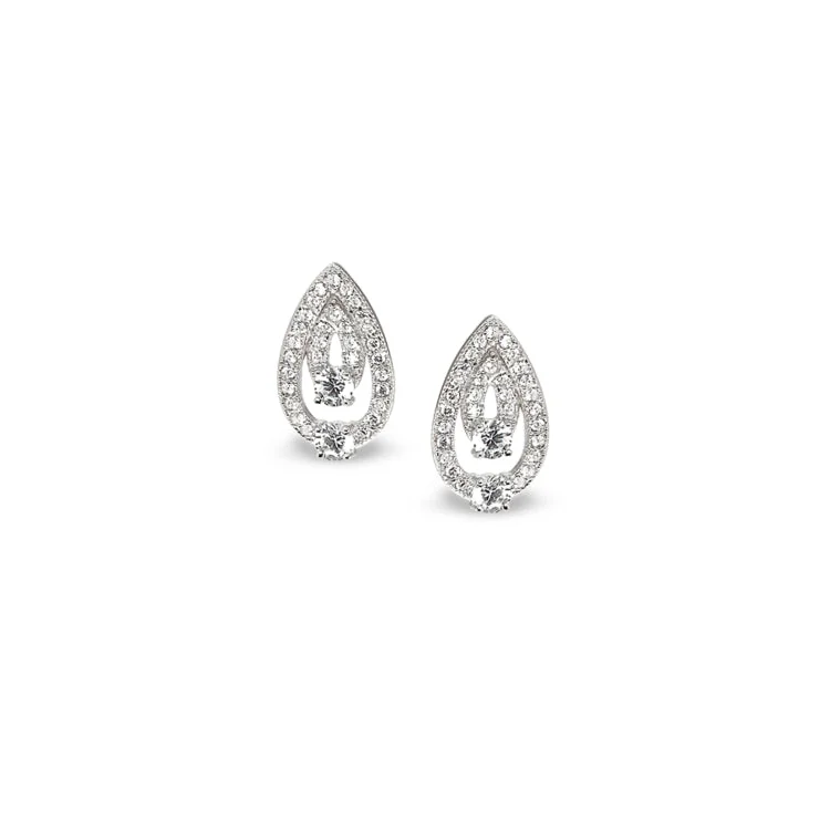 Platinum Finish Sterling Silver Micropave Two Stone Tear Drop Earrings with Two 120 Facet Simulated Daimonds