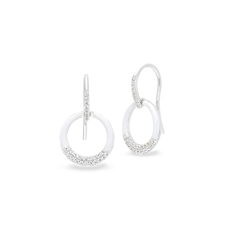 Platinum Finish Sterling Silver Micropave White Enamel Open Circle Drop Earrings with Simulated Diamonds