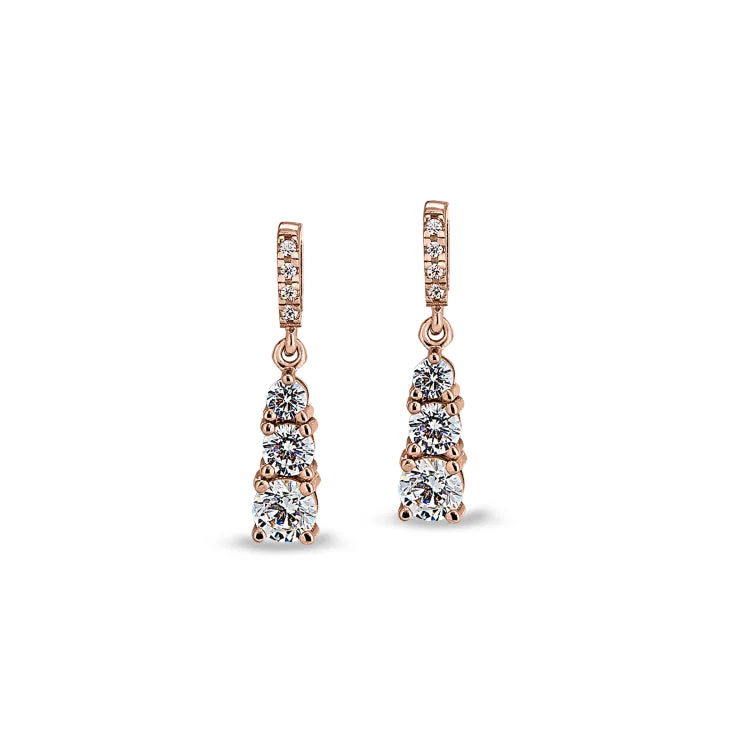 Rose Gold Finish Sterling Silver Micropave 3 Stone Drop Earrings with Simulated Diamonds