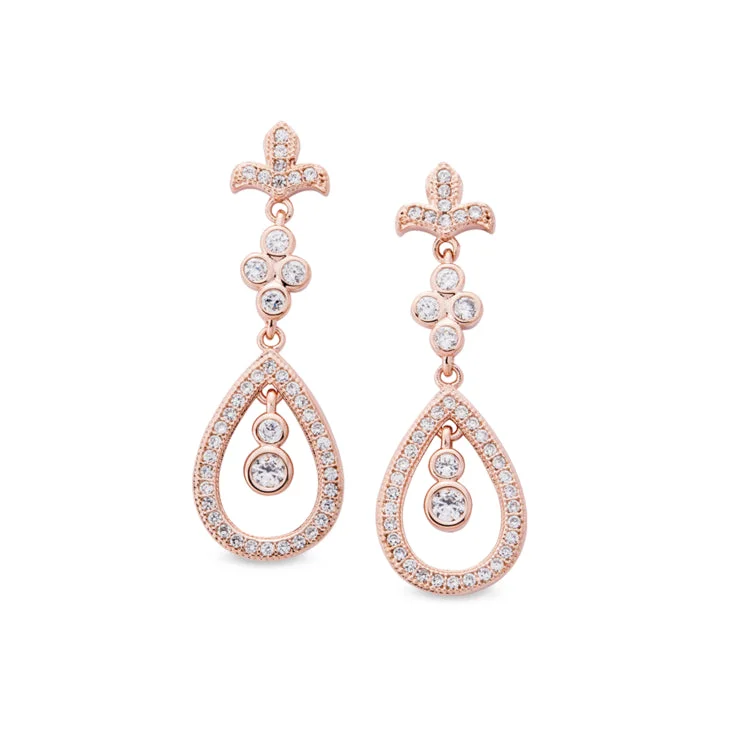 Rose Gold Finish Sterling Silver Micropave Fleur De Lis Teardrop Drop Earrings with 88 Simulated Diamonds