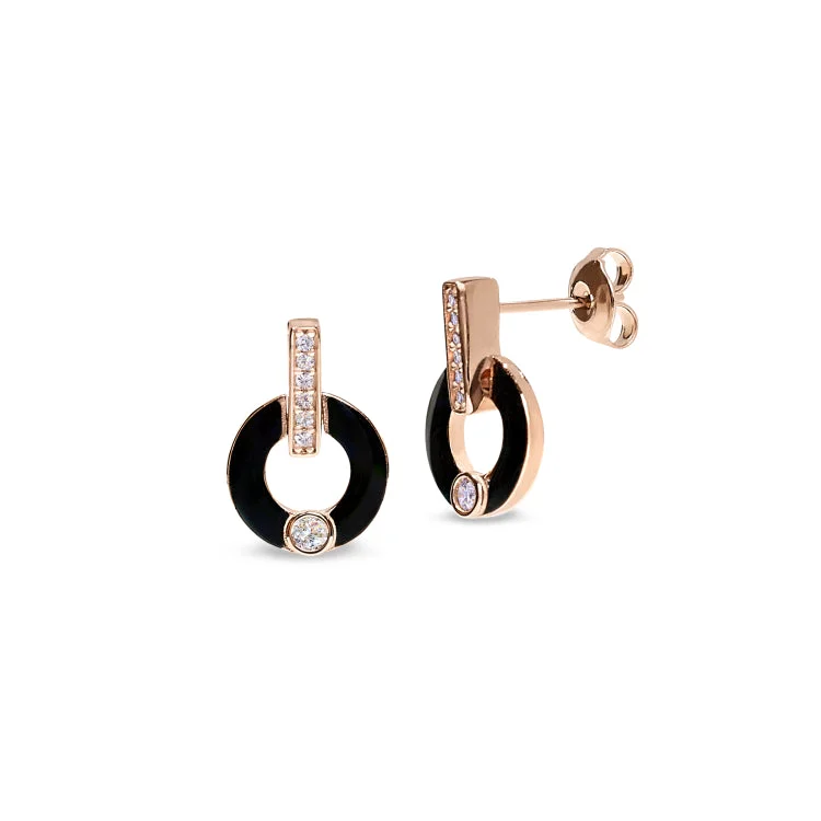 Rose Gold Finish Sterling Silver Micropave Round Drop Earrings with Black Enamel and Simulated Diamonds