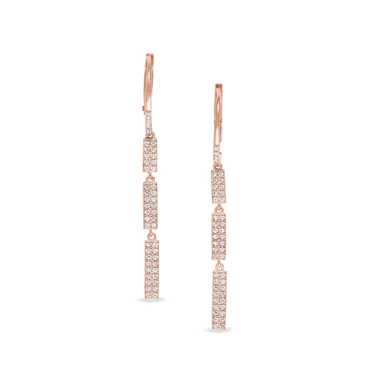 Rose Gold Finish Sterling Silver Micropave Three Bar Drop Earrings with Simulated Diamonds