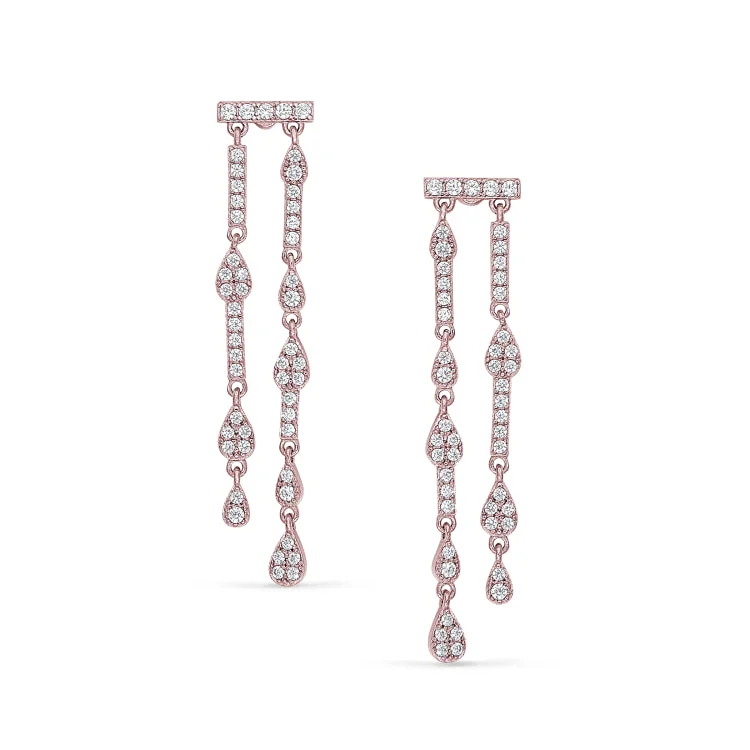 Rose Gold Finish Sterling Silver Micropave Two Row Drop Earrings with Simulated Diamonds