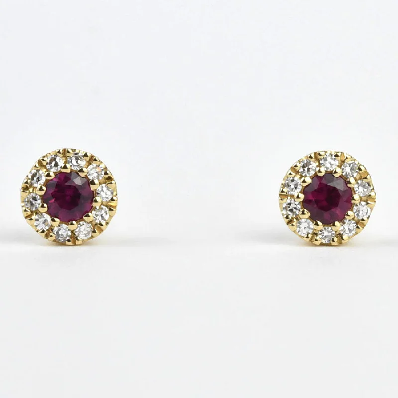 Ruby and Diamond Halo Studs in Yellow Gold