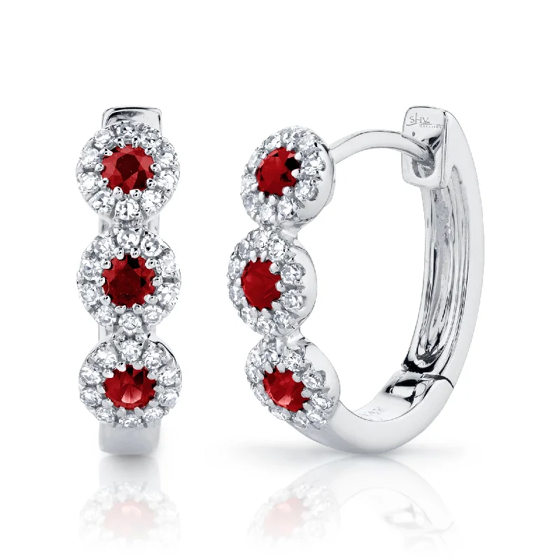 Ruby & Pavé Diamond Halo Huggie Hoops