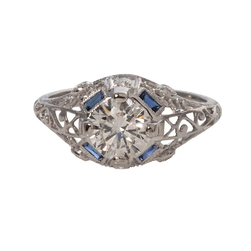 Art Deco Style 1ct Diamond & Sapphire Platinum Filigree Ring