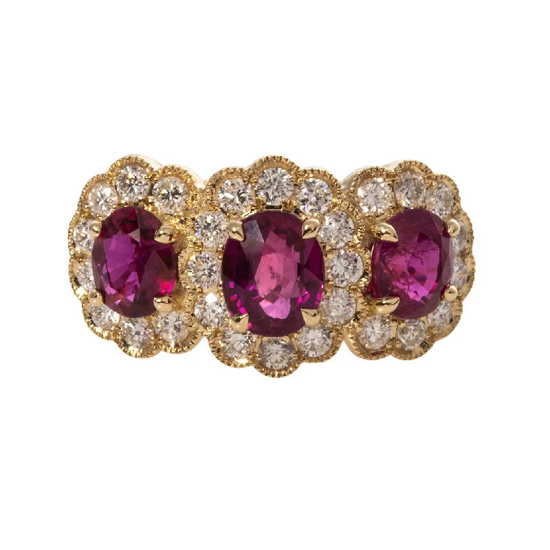 Three Stone Oval Ruby & Diamond Halo 14K Yellow Gold Ring