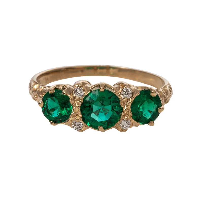 Three-Stone Round Emerald & Diamond 14K Yellow Gold Ring