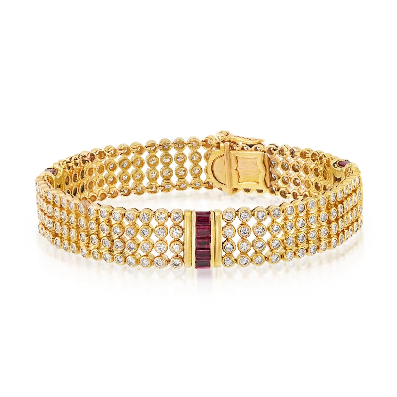 French 1970s 18KT Yellow Gold Diamond & Ruby Bracelet