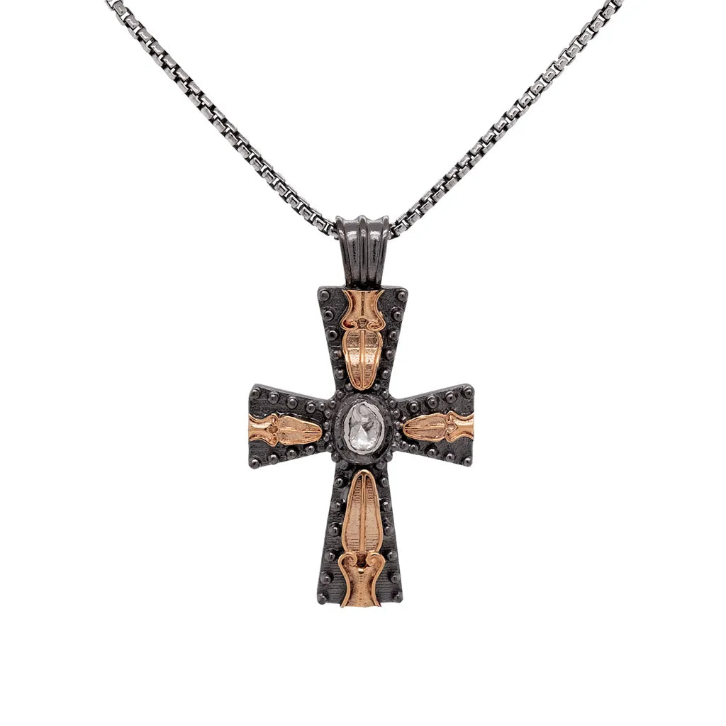 Keith Jack Sterling Silver + Bronze Raw Diamond .09ctw Black Rhodium Cross Pendant