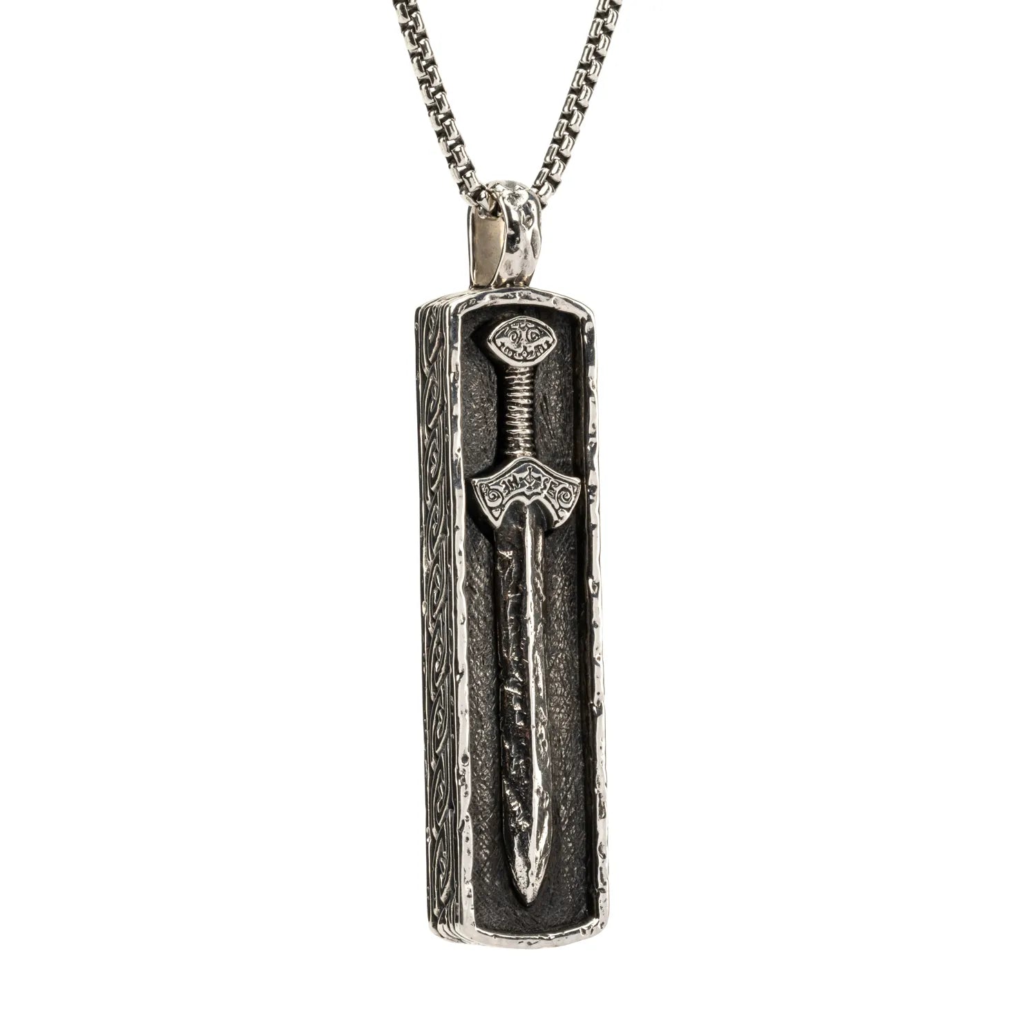 Keith Jack Sterling Silver Oxidized Large Framed Viking Sword Pendant (Strength and Power)