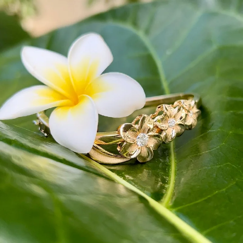 Three Diamond Plumeria Hawaiian Bracelet w/ Hinge & Clasp in 14K Yellow Gold